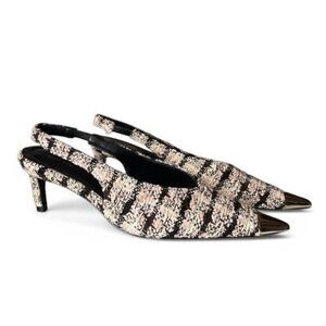 Anine Bing Nina Tweed Slingback Heels Gold Cap Toe Pump EU 40 US 9